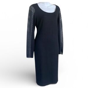 BAILEY 44 black dress, with laser-cut leather top & sleeves, back zip. L EUC